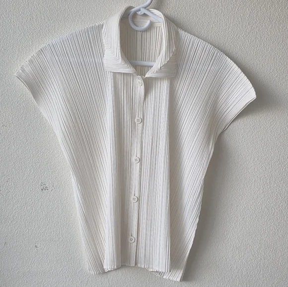 Essey Miyaki Pleates Please Beige Button Up Top - Picture 5 of 8